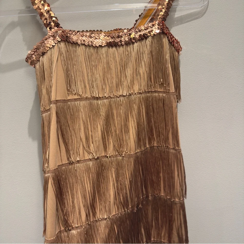 Leadtex - Gold Fringe Flapper Costume Dress with Sequin Straps Size 10-12 Years